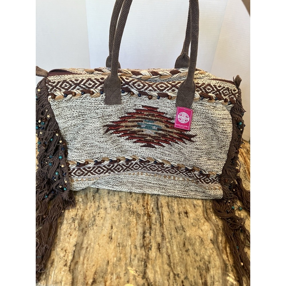Buckhead Betties Southwestern Woven Boho Aztec Large Fringe Beaded Duffel Bag